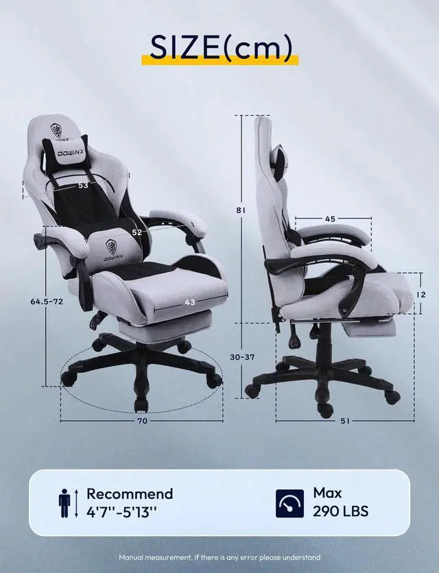 Alt view image 7 of 7 - Dowinx Fabric Gaming Chair with Pocket Spring Cushion, Ergonomic Computer Chair with Footrest, Cloth Gamer Chair with Massage Lumbar Support and Headrest, Light Grey