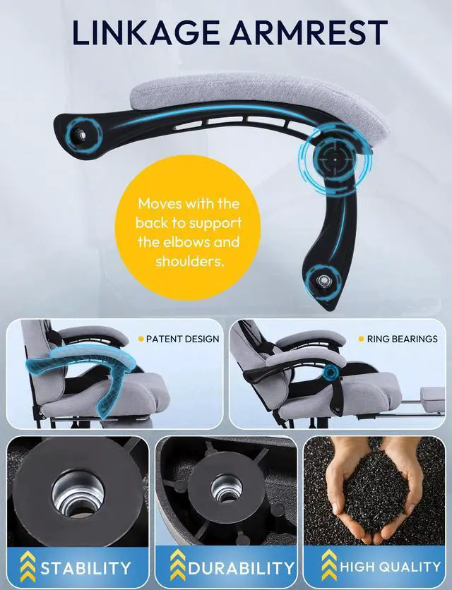 Alt view image 6 of 7 - Dowinx Fabric Gaming Chair with Pocket Spring Cushion, Ergonomic Computer Chair with Footrest, Cloth Gamer Chair with Massage Lumbar Support and Headrest, Light Grey