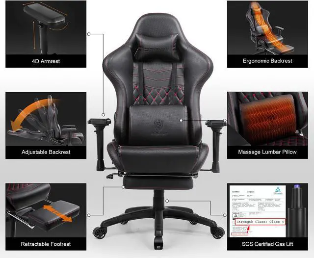 Alt view image 3 of 5 - Dowinx Big and Tall Gaming Chair with Massage Lumbar Support High Back 4D Armrest Adjustable Computer Chair with Footrest Swivel Office PC Chair, Black