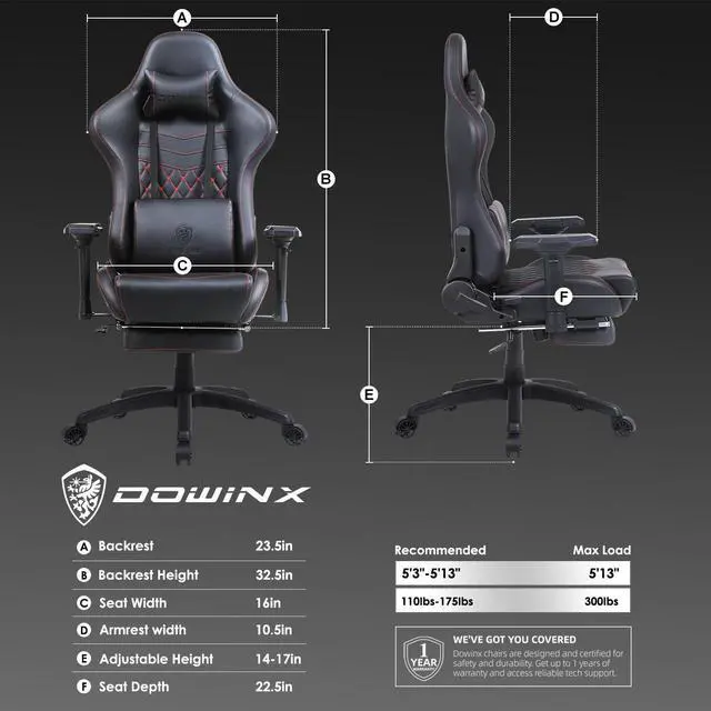 Alt view image 5 of 5 - Dowinx Big and Tall Gaming Chair with Massage Lumbar Support High Back 4D Armrest Adjustable Computer Chair with Footrest Swivel Office PC Chair, Black