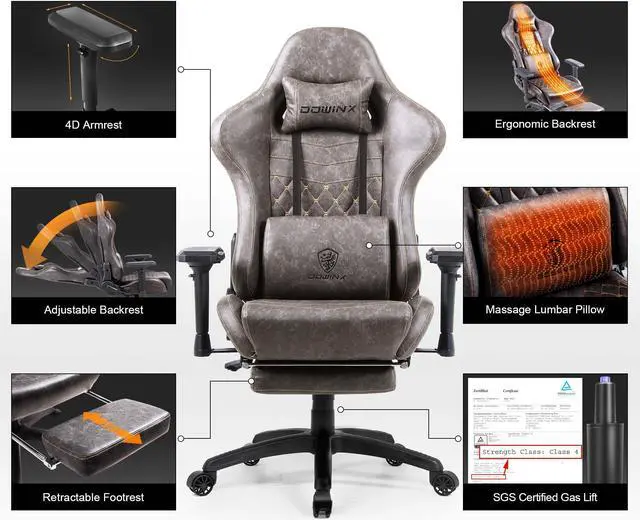 Alt view image 2 of 5 - Dowinx Big and Tall Gaming Chair with Massage Lumbar Support High Back 4D Armrest Adjustable Computer Chair with Footrest Swivel Office PC Chair, Brown