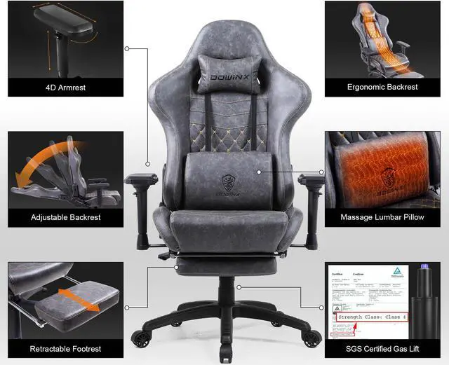 Alt view image 3 of 5 - Dowinx Big and Tall Gaming Chair with Massage Lumbar Support High Back 4D Armrest Adjustable Computer Chair with Footrest Swivel Office PC Chair, Grey