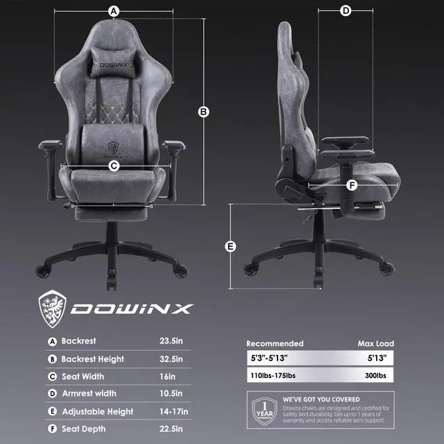 Alt view image 5 of 5 - Dowinx Big and Tall Gaming Chair with Massage Lumbar Support High Back 4D Armrest Adjustable Computer Chair with Footrest Swivel Office PC Chair, Grey