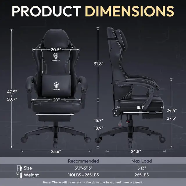 Alt view image 7 of 7 - Dowinx Gaming Chair with Pocket Spring Cushion, Ergonomic Computer Chair with Footrest and Lumbar Support for Office or Gaming, Black