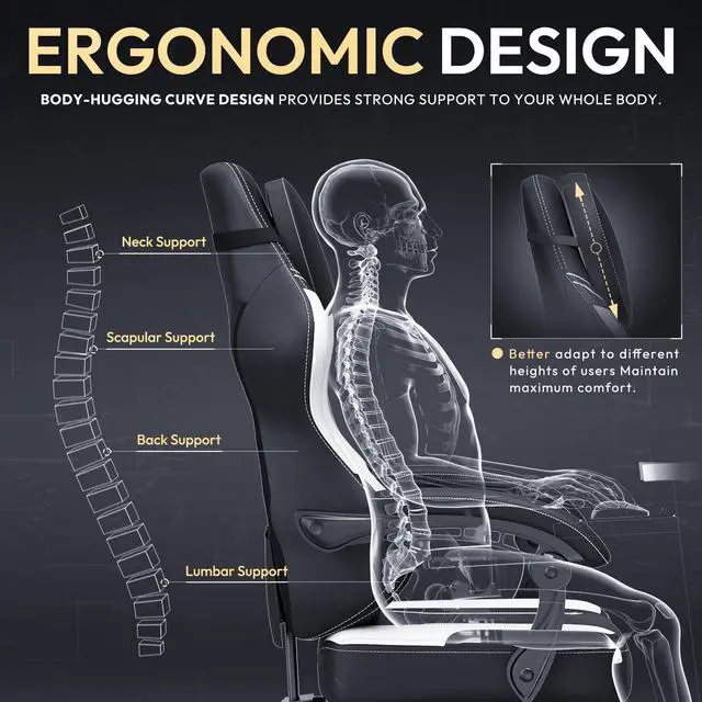 Alt view image 4 of 7 - Dowinx Gaming Chair with Pocket Spring Cushion, Ergonomic Computer Chair with Footrest and Lumbar Support for Office or Gaming, Black White