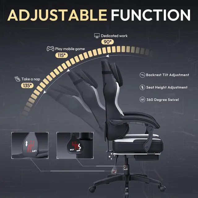 Alt view image 5 of 7 - Dowinx Gaming Chair with Pocket Spring Cushion, Ergonomic Computer Chair with Footrest and Lumbar Support for Office or Gaming, Black White