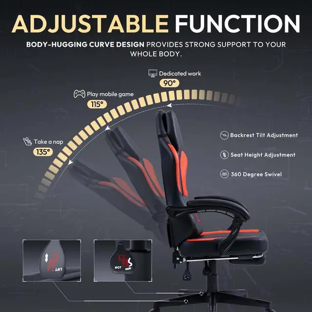 Alt view image 5 of 7 - Dowinx Gaming Chair with Pocket Spring Cushion, Ergonomic Computer Chair with Footrest and Lumbar Support for Office or Gaming, Red