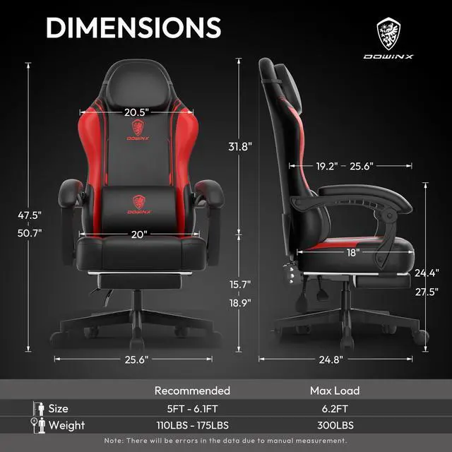 Alt view image 7 of 7 - Dowinx Gaming Chair with Pocket Spring Cushion, Ergonomic Computer Chair with Footrest and Lumbar Support for Office or Gaming, Red