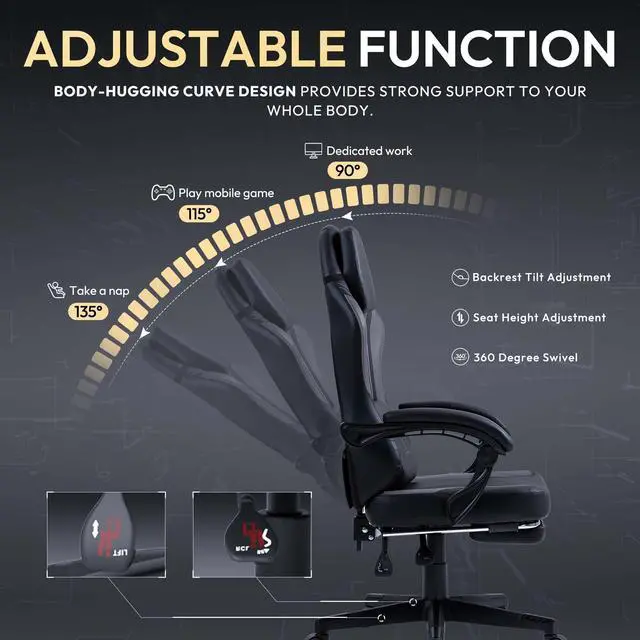 Alt view image 5 of 7 - Dowinx Gaming Chair with Pocket Spring Cushion, Ergonomic Computer Chair with Footrest and Lumbar Support for Office or Gaming, Grey