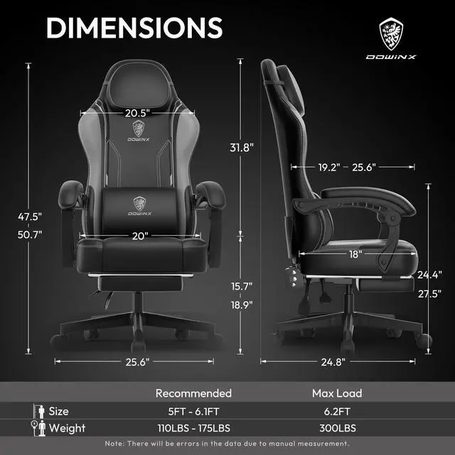 Alt view image 7 of 7 - Dowinx Gaming Chair with Pocket Spring Cushion, Ergonomic Computer Chair with Footrest and Lumbar Support for Office or Gaming, Grey
