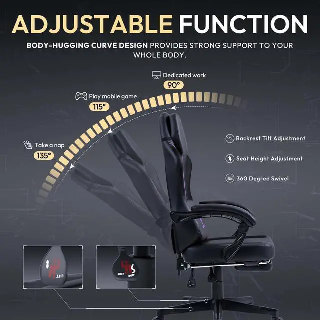 Alt view image 5 of 7 - Dowinx Gaming Chair with Pocket Spring Cushion, Ergonomic Computer Chair with Footrest and Lumbar Support for Office or Gaming, Purple