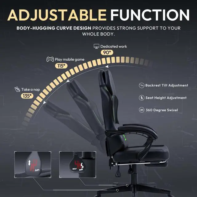 Alt view image 5 of 7 - Dowinx Gaming Chair with Pocket Spring Cushion, Ergonomic Computer Chair with Footrest and Lumbar Support for Office or Gaming, Green