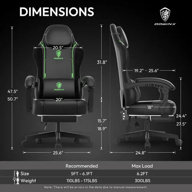 Alt view image 7 of 7 - Dowinx Gaming Chair with Pocket Spring Cushion, Ergonomic Computer Chair with Footrest and Lumbar Support for Office or Gaming, Green