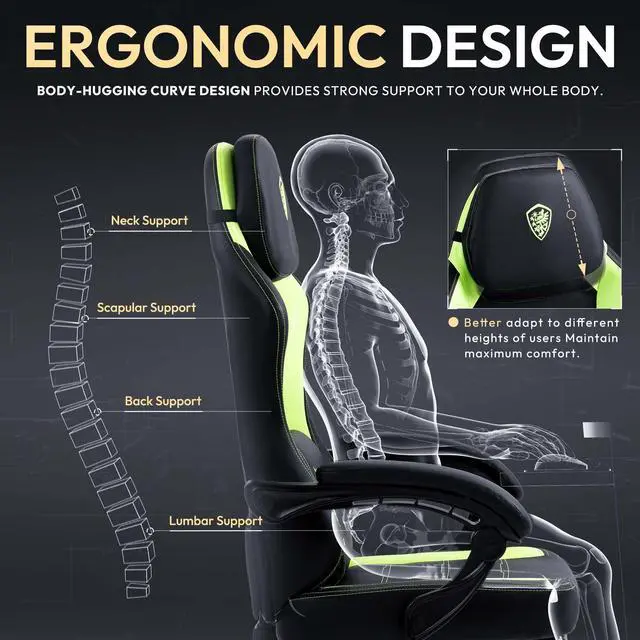 Alt view image 4 of 7 - Dowinx Gaming Chair with Pocket Spring Cushion, Ergonomic Computer Chair with Footrest and Lumbar Support for Office or Gaming, Black and Green