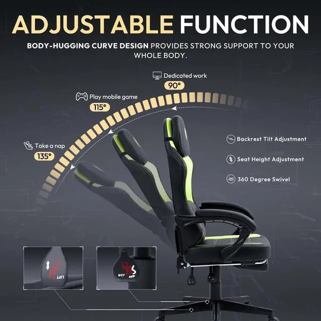 Alt view image 5 of 7 - Dowinx Gaming Chair with Pocket Spring Cushion, Ergonomic Computer Chair with Footrest and Lumbar Support for Office or Gaming, Black and Green