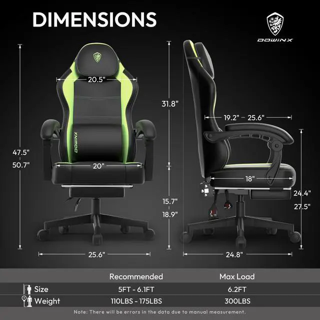 Alt view image 7 of 7 - Dowinx Gaming Chair with Pocket Spring Cushion, Ergonomic Computer Chair with Footrest and Lumbar Support for Office or Gaming, Black and Green