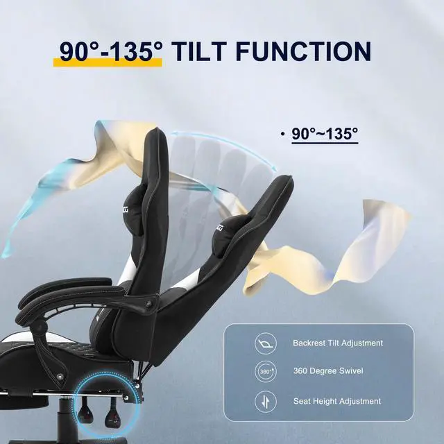 Alt view image 4 of 7 - Dowinx Fabric Gaming Chair with Pocket Spring Cushion, Ergonomic Computer Chair with Footrest, Cloth Gamer Chair with Massage Lumbar Support and Headrest, Black and White