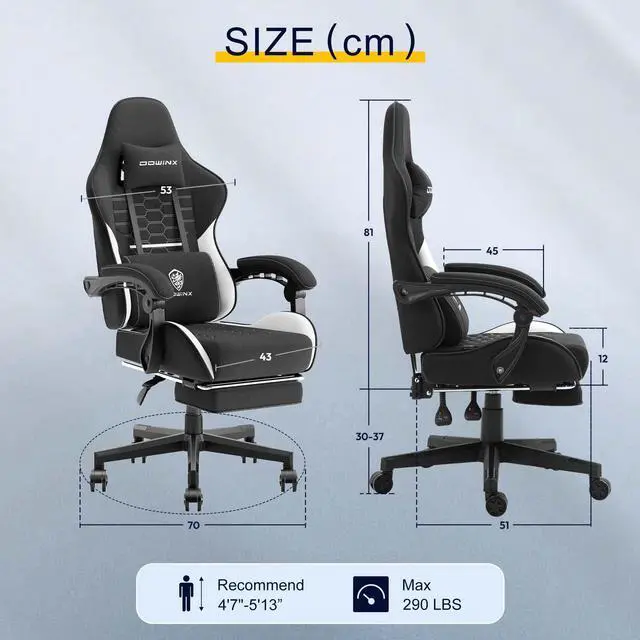Alt view image 6 of 7 - Dowinx Fabric Gaming Chair with Pocket Spring Cushion, Ergonomic Computer Chair with Footrest, Cloth Gamer Chair with Massage Lumbar Support and Headrest, Black and White