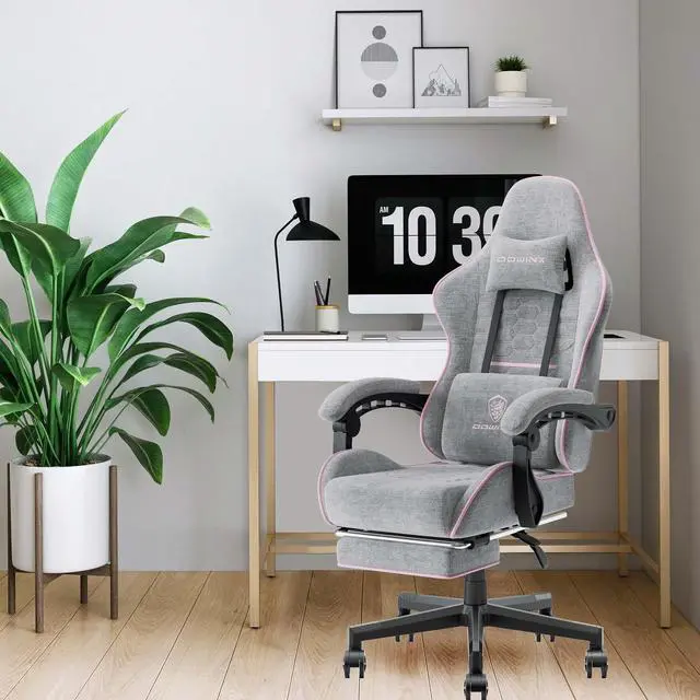 Alt view image 2 of 7 - Dowinx Fabric Gaming Chair with Pocket Spring Cushion, Ergonomic Computer Chair with Footrest, Cloth Gamer Chair with Massage Lumbar Support and Headrest, Pink