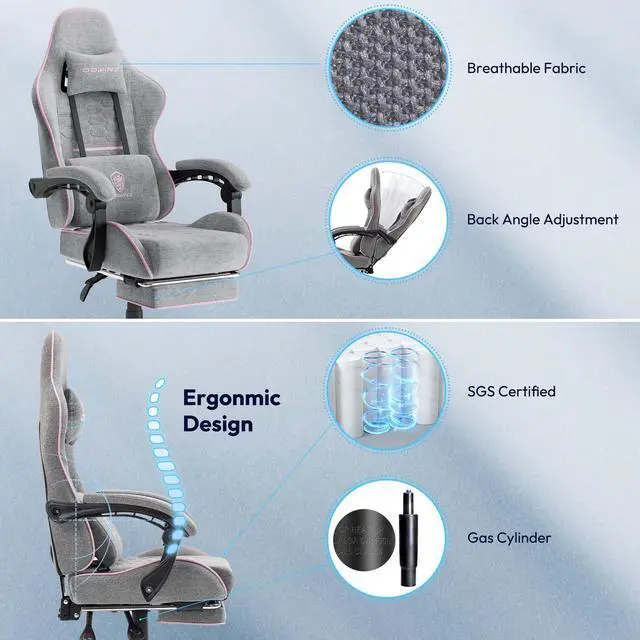 Alt view image 3 of 7 - Dowinx Fabric Gaming Chair with Pocket Spring Cushion, Ergonomic Computer Chair with Footrest, Cloth Gamer Chair with Massage Lumbar Support and Headrest, Pink
