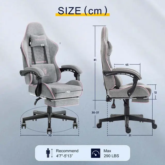Alt view image 7 of 7 - Dowinx Fabric Gaming Chair with Pocket Spring Cushion, Ergonomic Computer Chair with Footrest, Cloth Gamer Chair with Massage Lumbar Support and Headrest, Pink