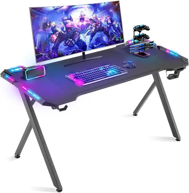 Main image of Dowinx 47 inch Gaming Desk with RGB LED Lights, Racing Style PC Computer Desk Home Office Computer Table Gamer Workstation with Carbon Fiber Surface, Cup Holder and Headset Hook, Black