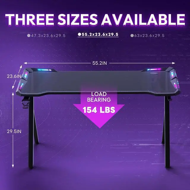 Alt view image 7 of 7 - Dowinx 55 inch Gaming Desk with RGB LED Lights, Racing Style PC Computer Desk Home Office Computer Table Gamer Workstation with Carbon Fiber Surface, Cup Holder and Headset Hook, Black