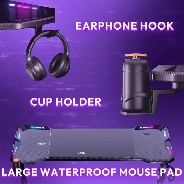 Alt view image 3 of 7 - Dowinx 63 inch Gaming Desk with RGB LED Lights, Racing Style PC Computer Desk Home Office Computer Table Gamer Workstation with Carbon Fiber Surface, Cup Holder and Headset Hook, Black