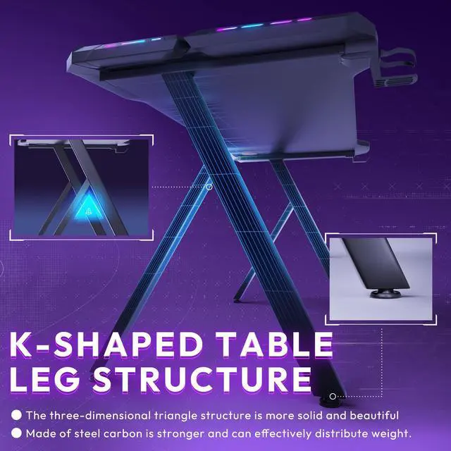 Alt view image 6 of 7 - Dowinx 63 inch Gaming Desk with RGB LED Lights, Racing Style PC Computer Desk Home Office Computer Table Gamer Workstation with Carbon Fiber Surface, Cup Holder and Headset Hook, Black