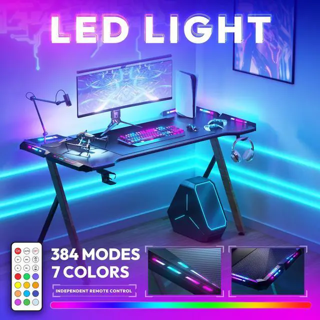 Alt view image 2 of 7 - Dowinx 63 inch Gaming Desk with RGB LED Lights, Racing Style PC Computer Desk Home Office Computer Table Gamer Workstation with Carbon Fiber Surface, Cup Holder and Headset Hook, Black