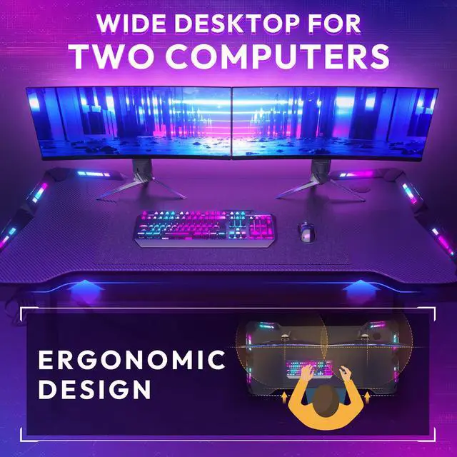 Alt view image 5 of 7 - Dowinx 63 inch Gaming Desk with RGB LED Lights, Racing Style PC Computer Desk Home Office Computer Table Gamer Workstation with Carbon Fiber Surface, Cup Holder and Headset Hook, Black