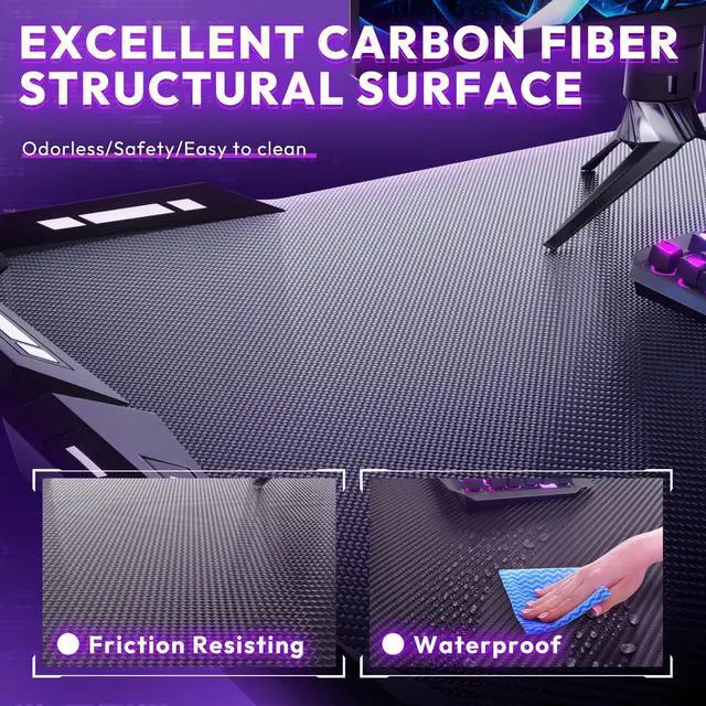 Alt view image 4 of 7 - Dowinx 63 inch Gaming Desk with RGB LED Lights, Racing Style PC Computer Desk Home Office Computer Table Gamer Workstation with Carbon Fiber Surface, Cup Holder and Headset Hook, Black