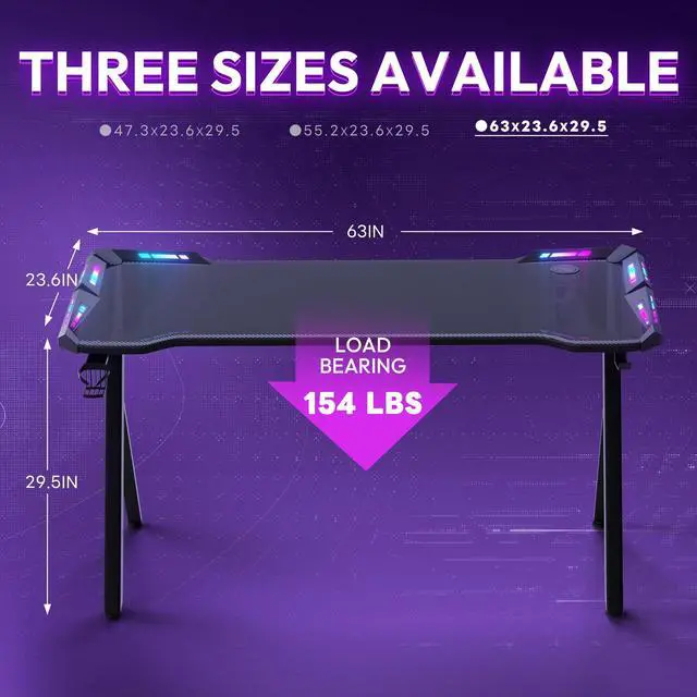 Alt view image 7 of 7 - Dowinx 63 inch Gaming Desk with RGB LED Lights, Racing Style PC Computer Desk Home Office Computer Table Gamer Workstation with Carbon Fiber Surface, Cup Holder and Headset Hook, Black
