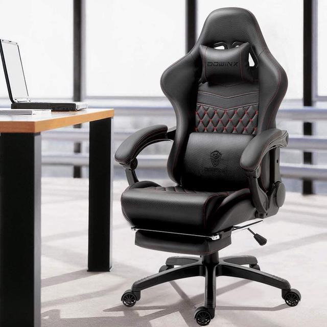 Alt view image 6 of 7 - Dowinx PU Leather Gaming Chair with Massage Lumbar Support High Back Adjustable Office PC Chair Swivel Task Computer Chair with Footrest, Black