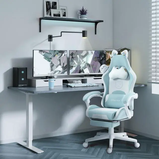 Alt view image 2 of 7 - Dowinx Cute Cat-Ear Gaming Chair with Massaging Lumbar Support, Ergonomic Computer Gaming Chair for Girl and Adults, Reclining Comfort Game Chair with Footrest, Blue