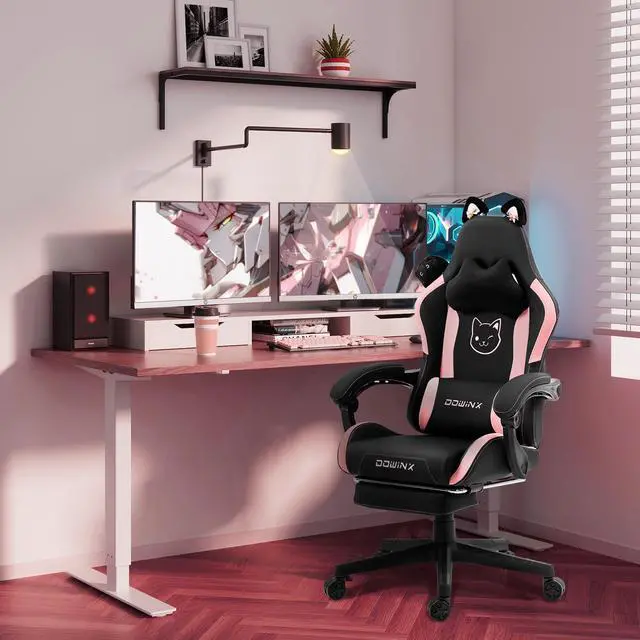 Alt view image 2 of 7 - Dowinx Cute Cat-Ear Gaming Chair with Massaging Lumbar Support, Ergonomic Computer Gaming Chair for Girl and Adults, Reclining Comfort Game Chair with Footrest, Black