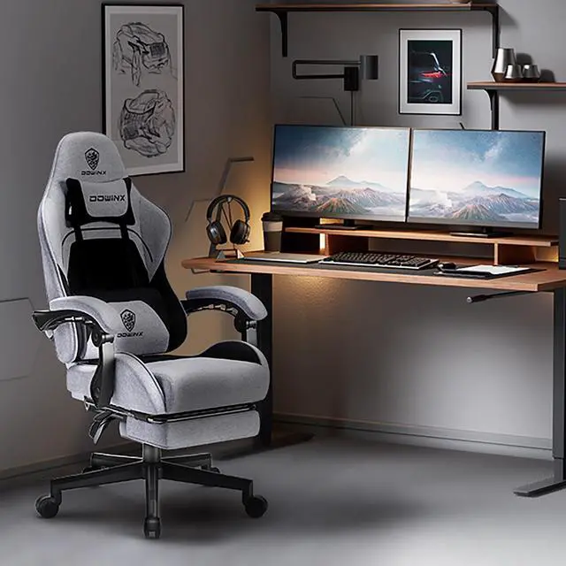 Alt view image 2 of 7 - Dowinx Fabric Gaming Chair with Pocket Spring Cushion, Ergonomic Computer Chair with Footrest, Cloth Gamer Chair with Massage Lumbar Support and Headrest, Light Grey
