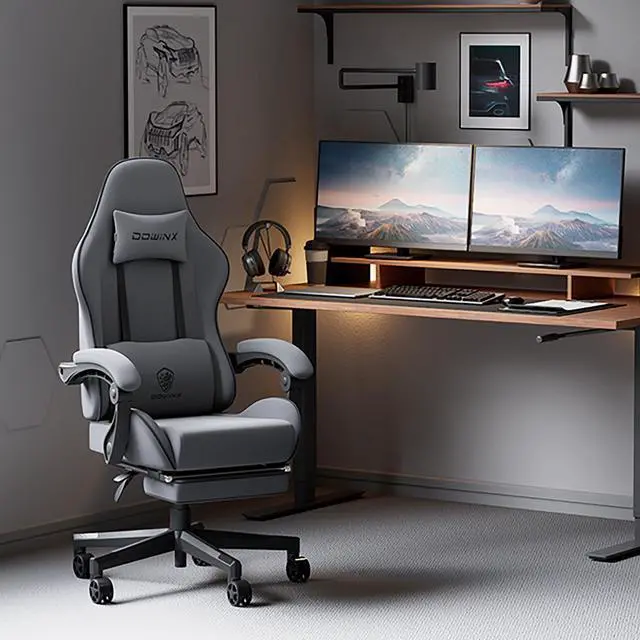 Alt view image 2 of 7 - Dowinx Fabric Gaming Chair with Pocket Spring Cushion, Ergonomic Computer Chair with Footrest, Cloth Gamer Chair with Massage Lumbar Support and Headrest, Dark Grey