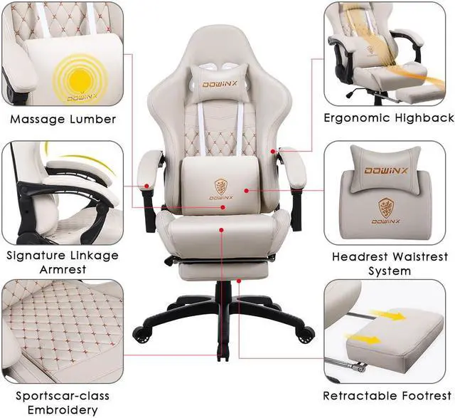 Alt view image 5 of 7 - Dowinx High Back Gaming Chair with Massage Lumbar Support, Game Chair with Adjustable Headrest, Ergonomic Office Chair, Racing Chair with Footrest, PU Leather, White