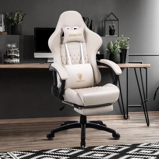 Alt view image 6 of 7 - Dowinx High Back Gaming Chair with Massage Lumbar Support, Game Chair with Adjustable Headrest, Ergonomic Office Chair, Racing Chair with Footrest, PU Leather, White