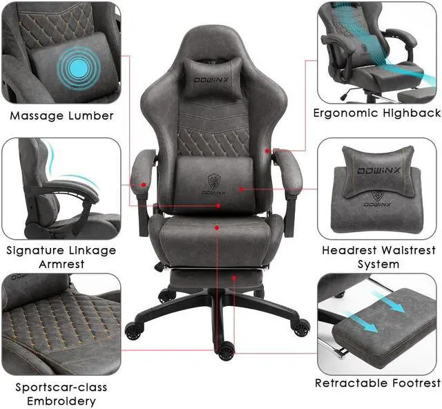 Alt view image 5 of 7 - Dowinx High Back Gaming Chair with Massage Lumbar Support, Game Chair with Adjustable Headrest, Ergonomic Office Chair, Racing Chair with Footrest, PU Leather, Grey