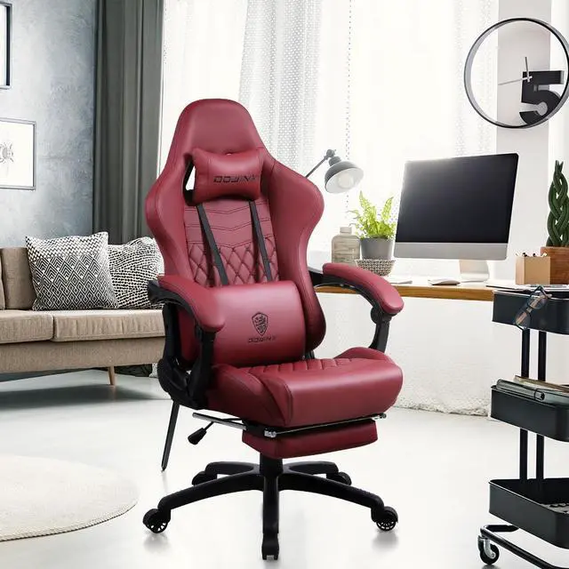 Alt view image 6 of 7 - Dowinx High Back Gaming Chair with Massage Lumbar Support, Adjustable Handrests, Office Desk Chair Racing Chair with Footrest, PU Leather, Red