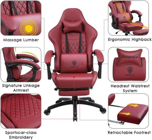 Alt view image 5 of 7 - Dowinx High Back Gaming Chair with Massage Lumbar Support, Adjustable Handrests, Office Desk Chair Racing Chair with Footrest, PU Leather, Red
