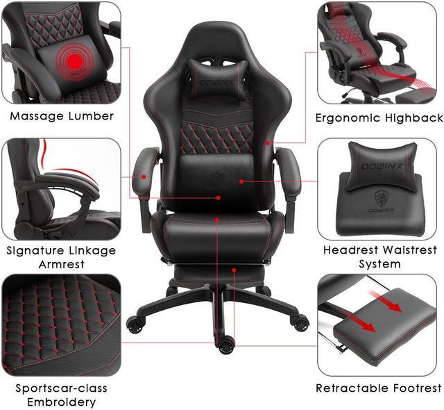 Alt view image 5 of 7 - Dowinx PU Leather Gaming Chair with Massage Lumbar Support High Back Adjustable Office PC Chair Swivel Task Computer Chair with Footrest, Black