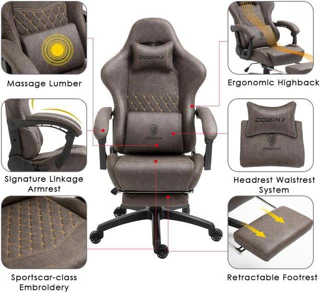 Alt view image 5 of 7 - Dowinx PU Leather Gaming Chair with Massage Lumbar Support High Back Adjustable Office PC Chair Swivel Task Computer Chair with Footrest, Brown