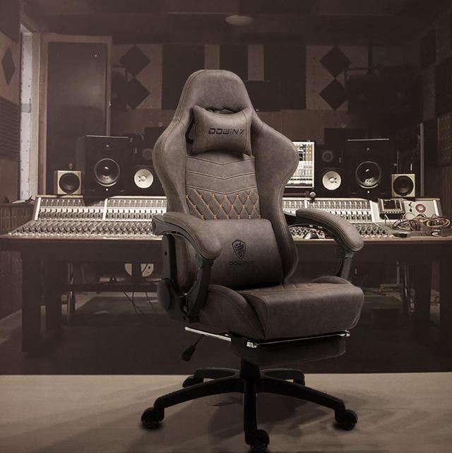 Alt view image 6 of 7 - Dowinx PU Leather Gaming Chair with Massage Lumbar Support High Back Adjustable Office PC Chair Swivel Task Computer Chair with Footrest, Brown