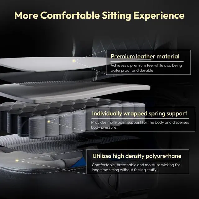Alt view image 2 of 7 - Dowinx Gaming Chair with Pocket Spring Cushion, Ergonomic  Computer Chair with Footrest, High Back Game Chair with Massage Lumbar Support for Office Home, Black Blue
