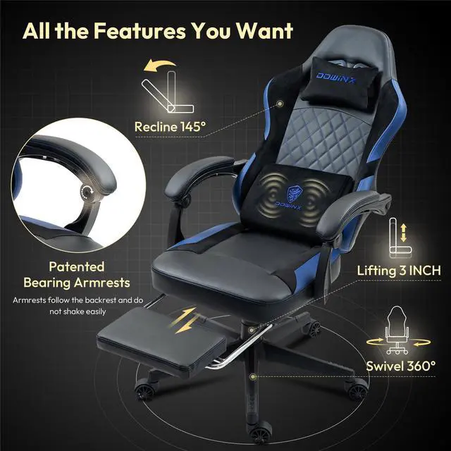 Alt view image 4 of 7 - Dowinx Gaming Chair with Pocket Spring Cushion, Ergonomic  Computer Chair with Footrest, High Back Game Chair with Massage Lumbar Support for Office Home, Black Blue