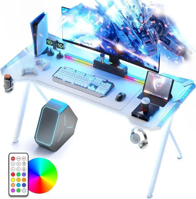 Main image of Dowinx 63 inch Gaming Desk with RGB LED Lights, Racing Style PC Computer Desk Home Office Computer Table Gamer Workstation with Carbon Fiber Surface, Cup Holder and Headset Hook, White 63"