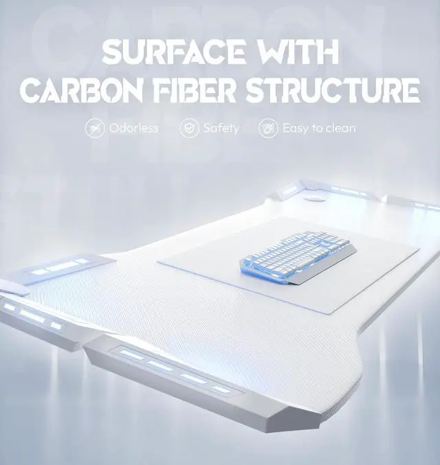 Alt view image 6 of 7 - Dowinx 63 inch Gaming Desk with RGB LED Lights, Racing Style PC Computer Desk Home Office Computer Table Gamer Workstation with Carbon Fiber Surface, Cup Holder and Headset Hook, White 63"